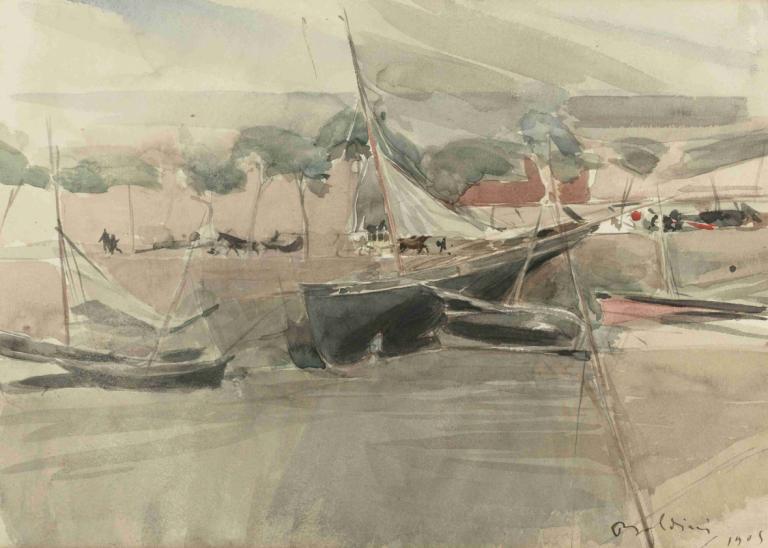 Moored Boats,Giovanni Boldini,Oil Painting,Oil Painting, watercraft, boat, ship, no humans, outdoors, dated