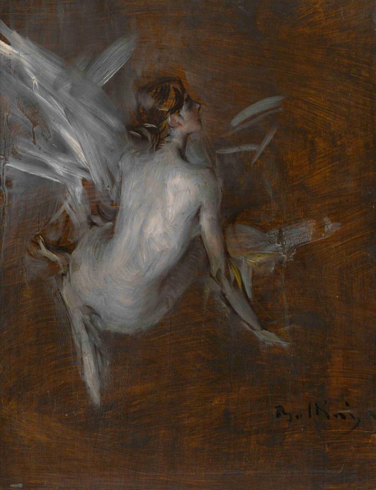 Nude Model,Giovanni Boldini,Oil Painting,Oil Painting, wings, solo, 1girl, nude, traditional media