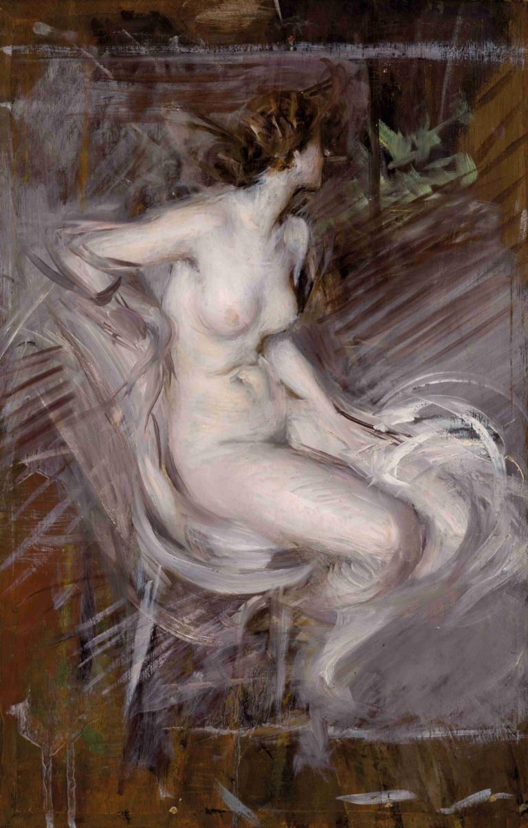 Nudo di Giovane Seduta (Nudo color perla),少女裸体坐像（珍珠裸体）,Giovanni Boldini,乔瓦尼-博尔迪尼,油画,油画, 1个女孩, 独奏, 裸体, 乳房, 乳头