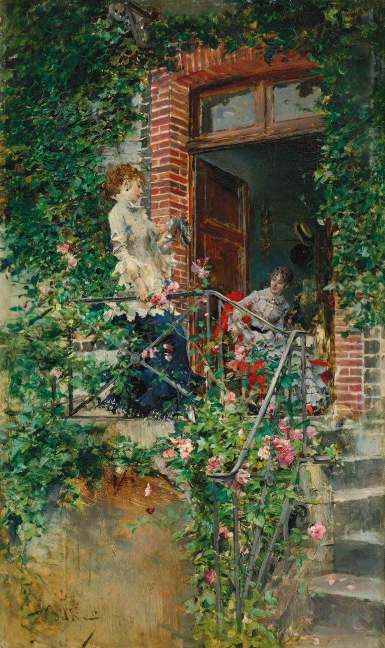 On the terrace,Giovanni Boldini,Oil Painting,Oil Painting, flower, stairs, pink flower, brown hair, plant