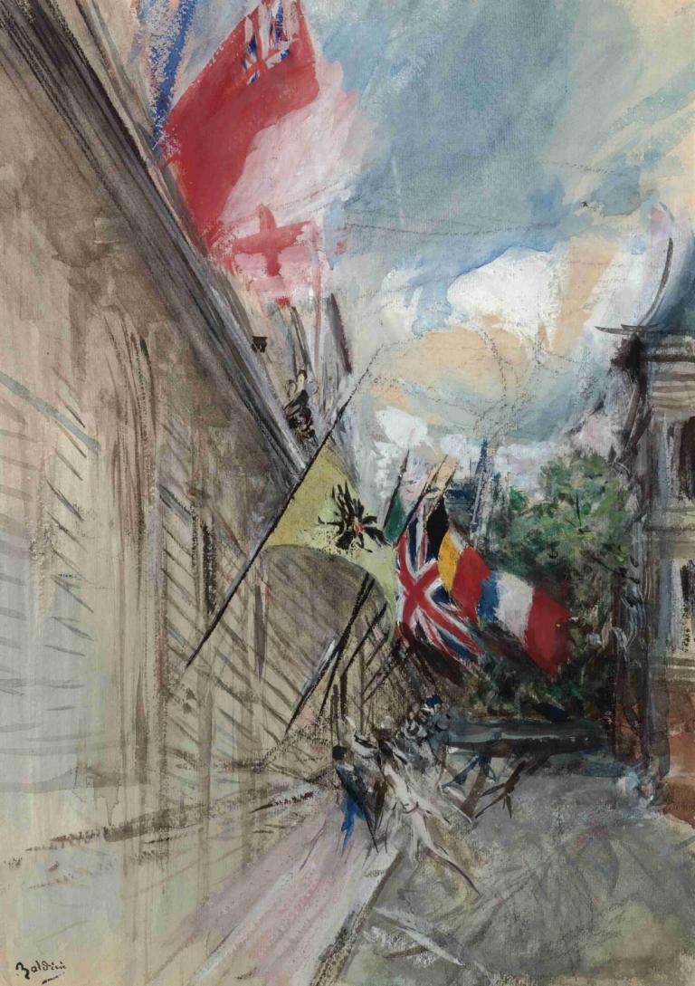 Paris, 14 July,Giovanni Boldini,Oil Painting,Oil Painting, traditional media, outdoors, flag