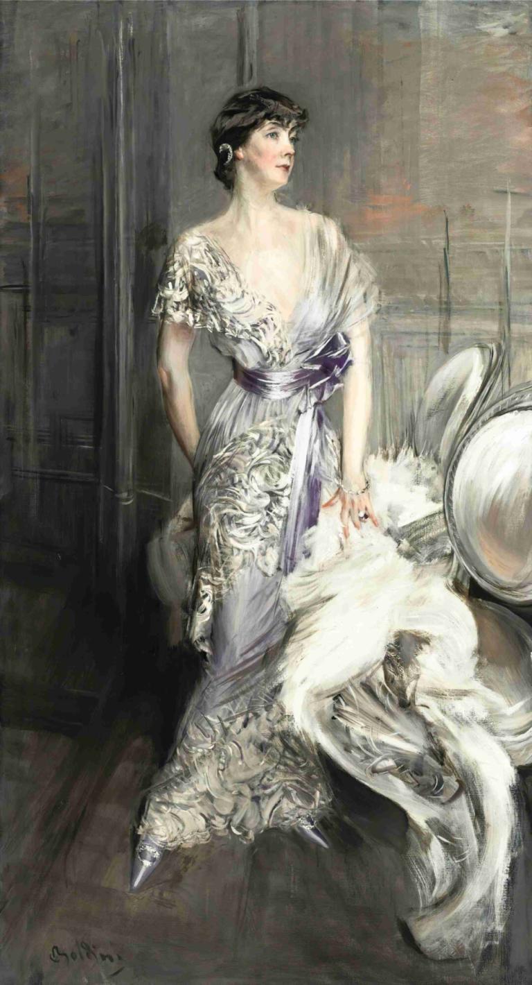 Portrait Of Celia Tobin Clark,Giovanni Boldini,Oil Painting,Oil Painting, 1girl, black hair, solo, dress