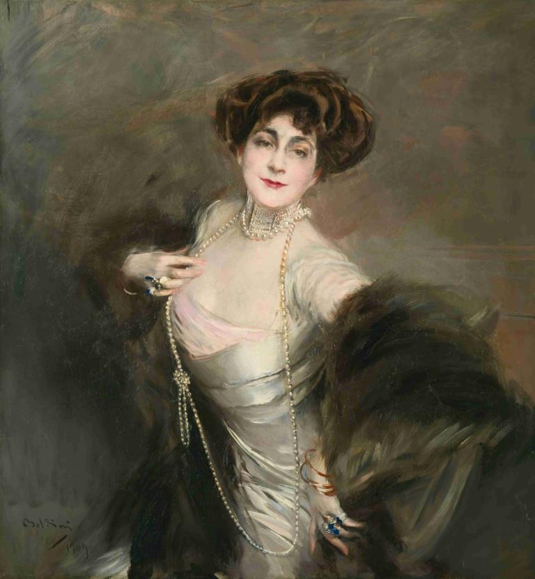 Portrait Of Diaz Albertini,Giovanni Boldini,Oil Painting,Oil Painting, 1girl, solo, jewelry, dress, ring