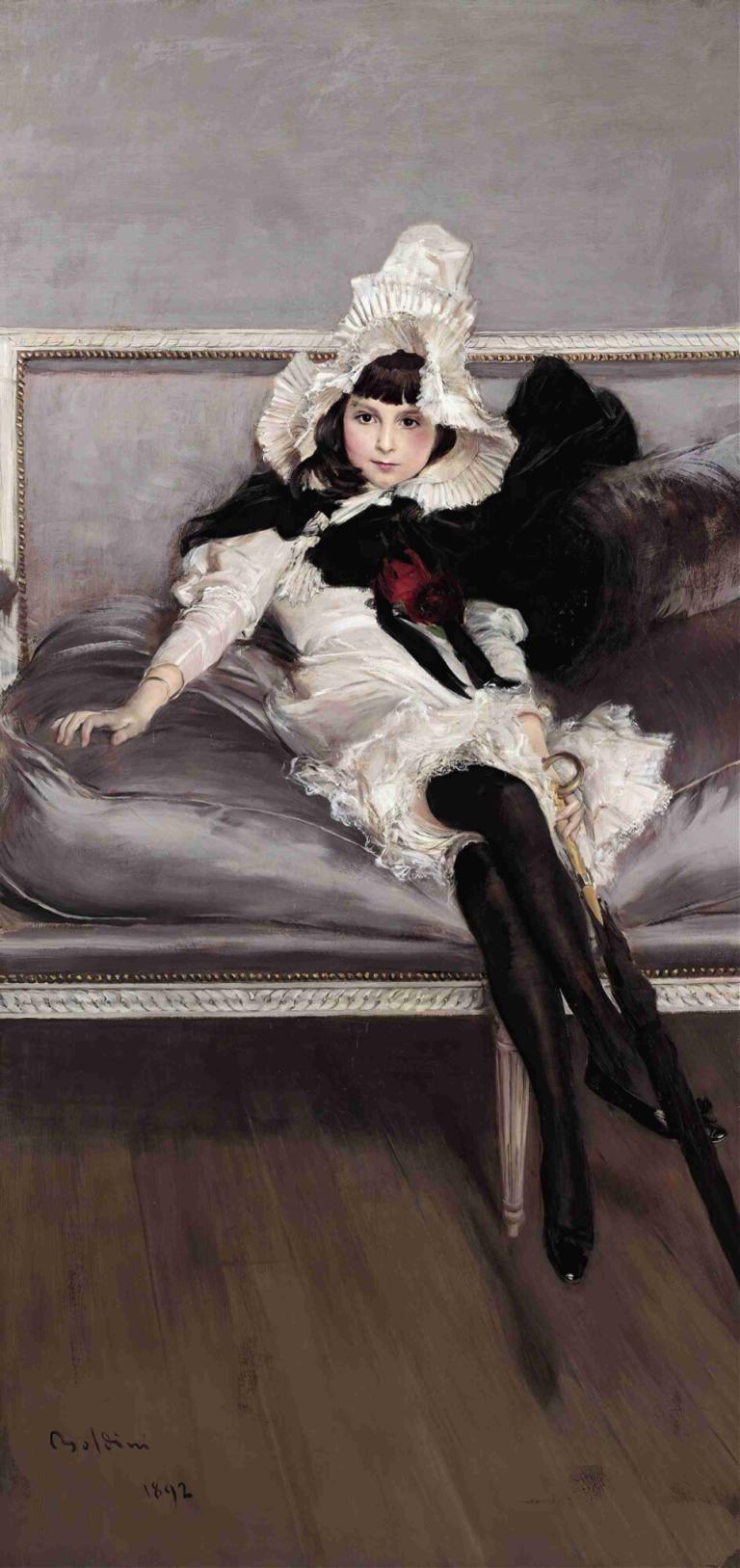 Portrait Of Giovinetta Errazuriz,Giovanni Boldini,Oil Painting,Oil Painting, 1girl, solo, maid, thighhighs