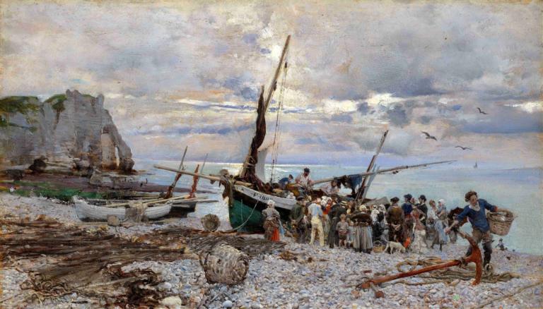 RETURN OF THE FISHING BOATS, ÉTRETAT,漁船の帰還、エトルタ,Giovanni Boldini,ジョバンニ・ボルディーニ,油絵,油絵, 複数の男の子, 水上バイク, 雲