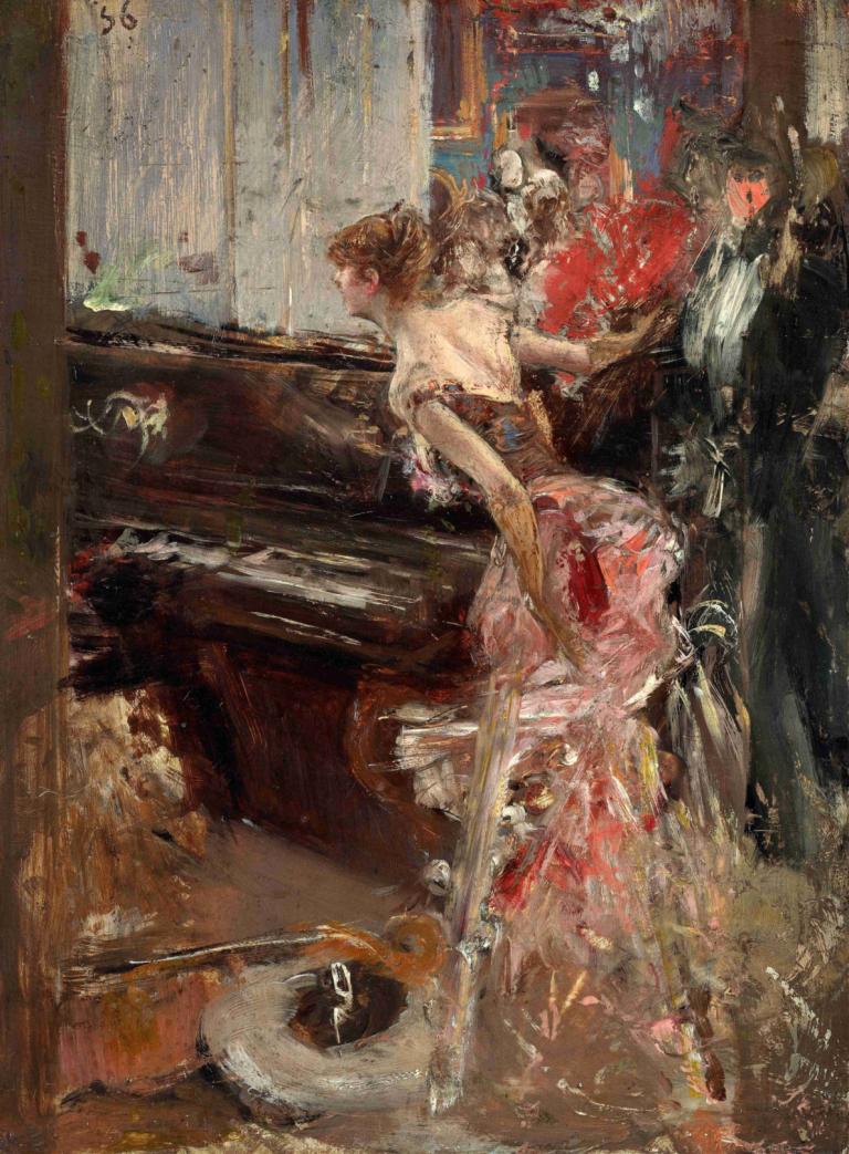 Recital,Giovanni Boldini,Oil Painting,Oil Painting, dress, 1girl, fine art parody, formal, bare shoulders