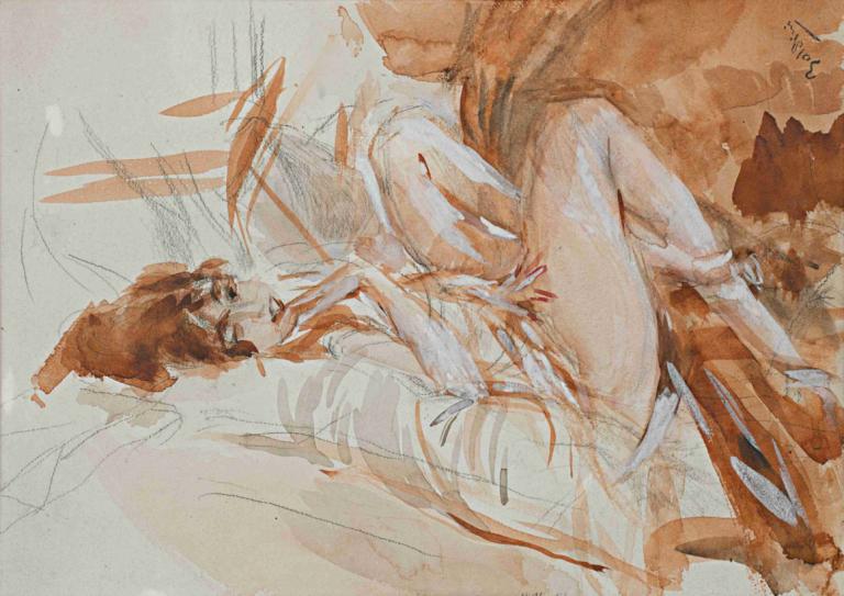 Reclining Lady,Liegende Dame,Giovanni Boldini,Ölgemälde,Ölgemälde, 1Mädchen, liegen, Solo, auf der Rückseite