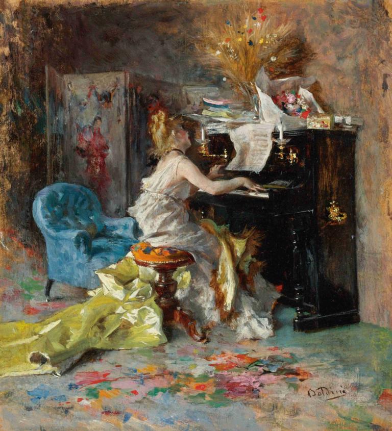 Signora Al Pianoforte [Woman At a Piano],Giovanni Boldini,Oil Painting,Oil Painting, 1girl, solo, sitting