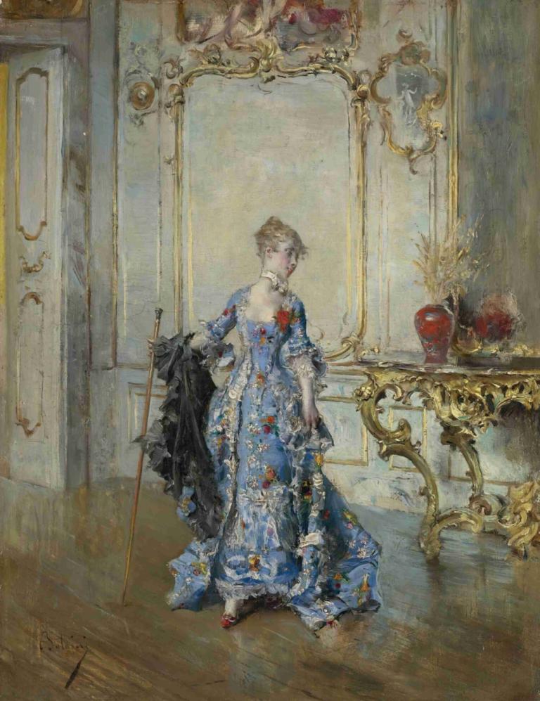 The Last Glance In The Mirror,鏡に映る最後の視線,Giovanni Boldini,ジョバンニ・ボルディーニ,油絵,油絵, 1女の子, ドレス, ソロ, 青い服, 鏡, 屋内で, 赤い靴