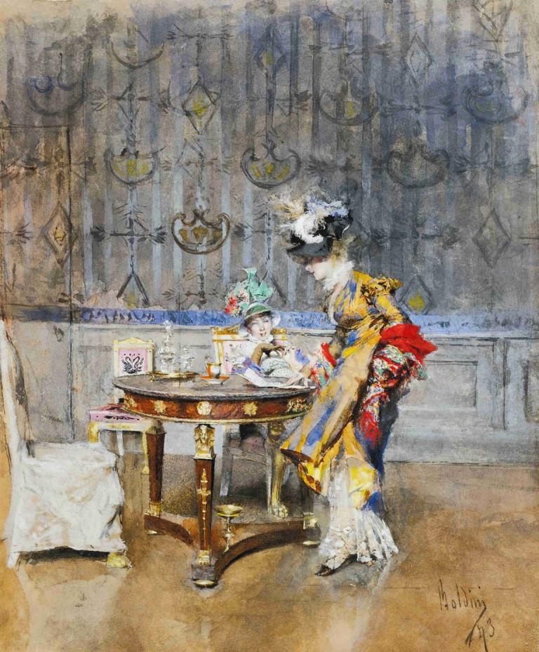 The Letter,Giovanni Boldini,Oil Painting,Oil Painting, table, traditional media, painting (medium), cup