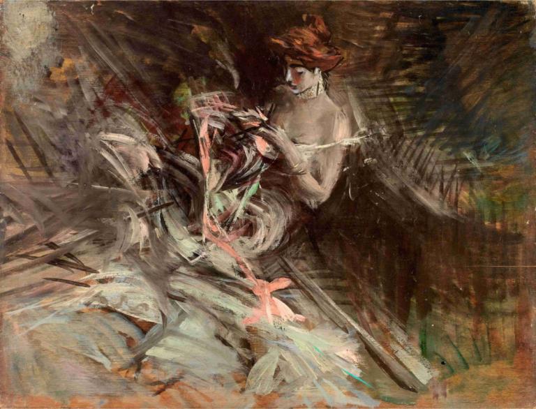 The ball gown [Interior with young girl sewing],舞踏会のガウン [若い女の子が縫い物をしているインテリア］,Giovanni Boldini,ジョバンニ・ボルディーニ