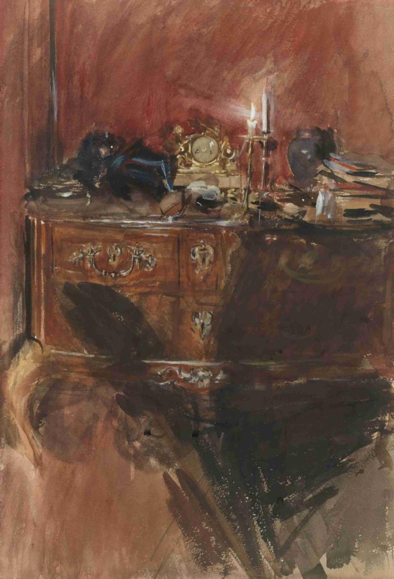 View Of An Interior With A Louis Xv Commode,ルイ15世時代の便器のあるインテリアの眺め,Giovanni Boldini,ジョバンニ・ボルディーニ,油絵,油絵, キャンドル