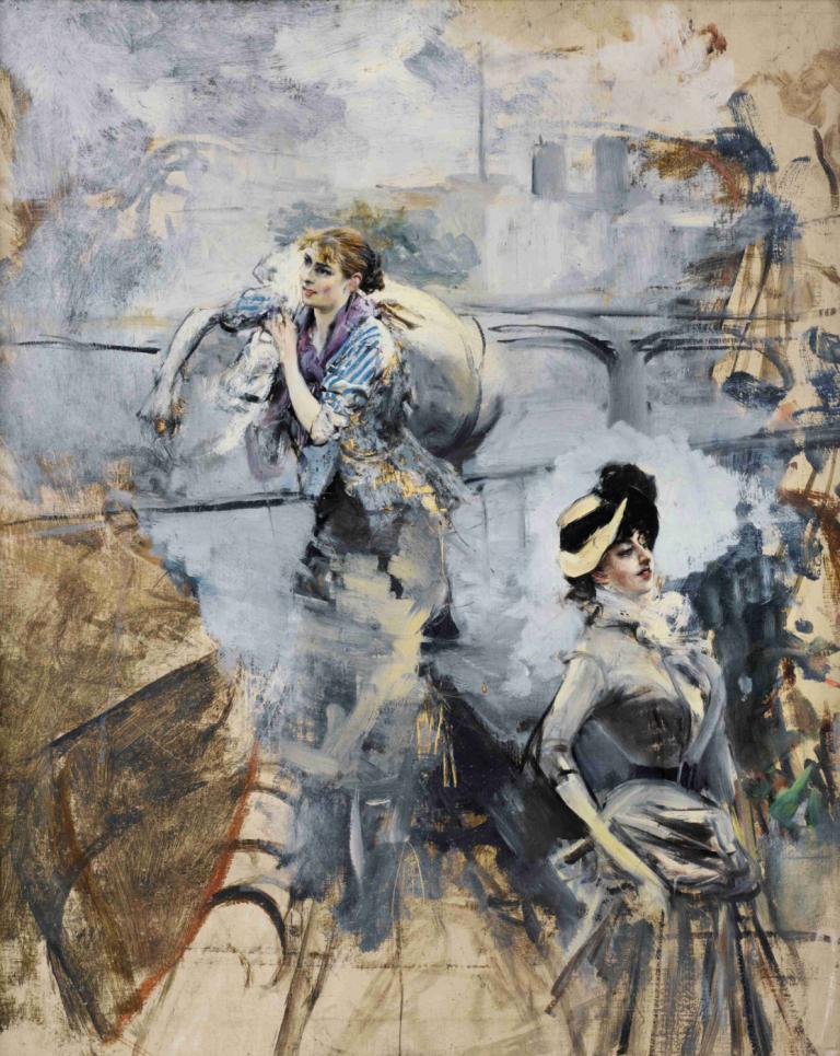 Washerwoman And a Young Brunette By The Seine, Paris,Giovanni Boldini,Oil Painting,Oil Painting, black hair