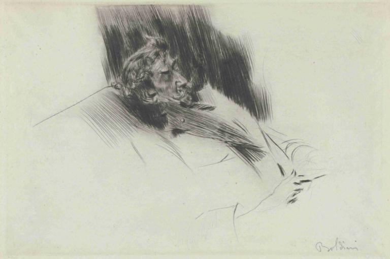 Whistler Asleep,Giovanni Boldini,Sketch,Sketch, monochrome, traditional media, male focus, 1boy, long hair