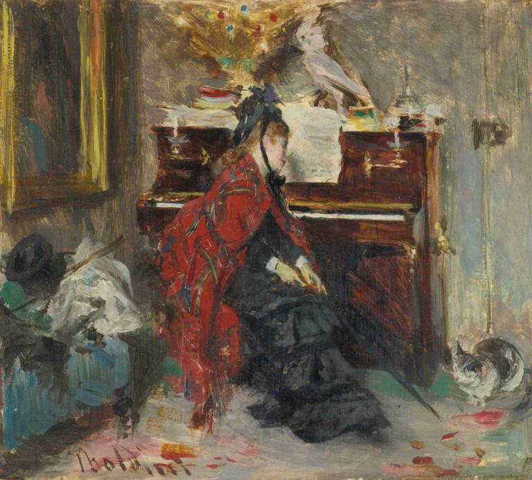 Woman At The Piano,ピアノを弾く女,Giovanni Boldini,ジョバンニ・ボルディーニ,油絵,油絵, 絵画（オブジェクト）, 屋内で, 従来のメディア, 絵画（中）, 黒髪, 1女の子