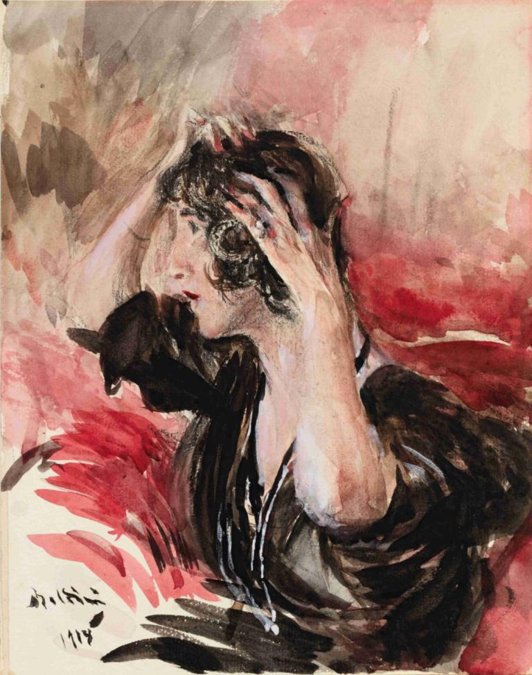 Woman fixing her hair,Giovanni Boldini,Oil Painting,Oil Painting, 1girl, solo, traditional media, black hair