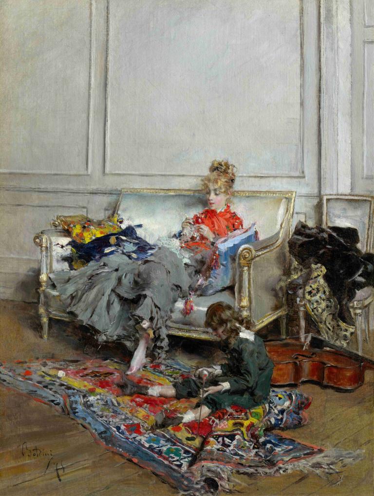 Young Woman Crocheting,Giovanni Boldini,Oil Painting,Oil Painting, sitting, indoors, blonde hair, couch