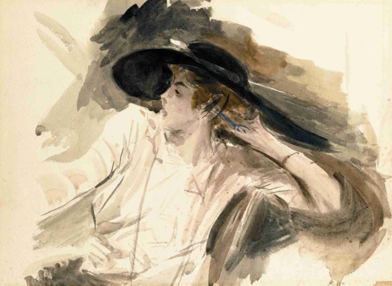 Young woman wearing a large  hat,Giovanni Boldini,Oil Painting,Oil Painting, solo, 1boy, hat, male focus