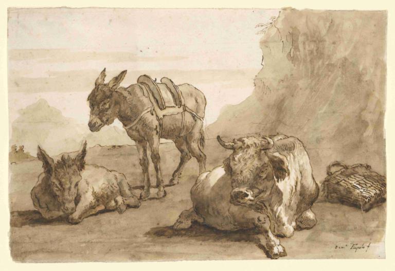 A Bull Lying Down, and Two Donkeys, in a Landscape,วัวและลาสองตัว นอนอยู่ในทิวทัศน์,Giovanni Domenico Tiepolo