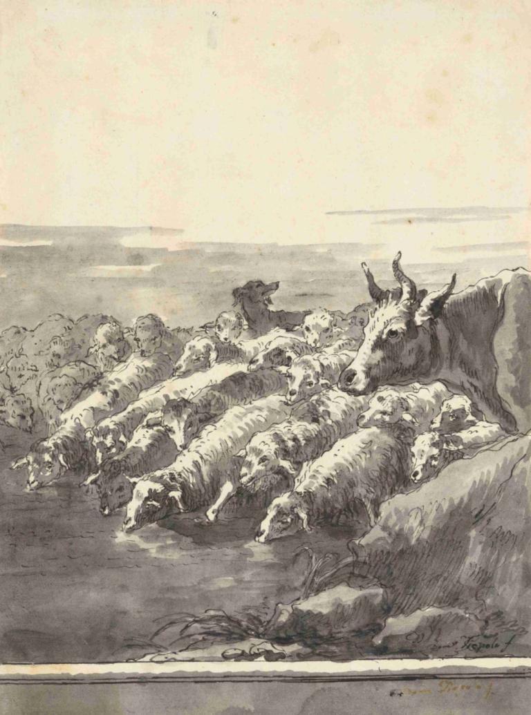 A Flock of Sheep Drinking at a Pool, with a Bullock and a Dog,Eine Schafherde, die an einem Teich trinkt