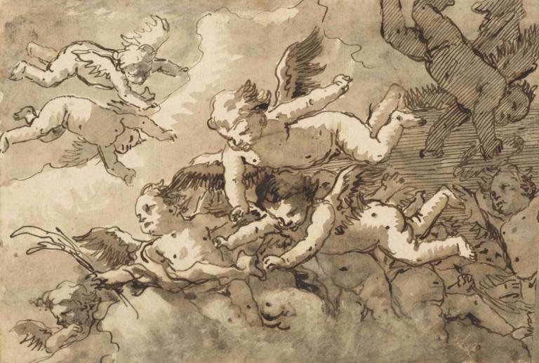 A Flock of Winged Cherubs in the Sky, One Holding a Martyr's Palm,Hejno okřídlených cherubínů na obloze