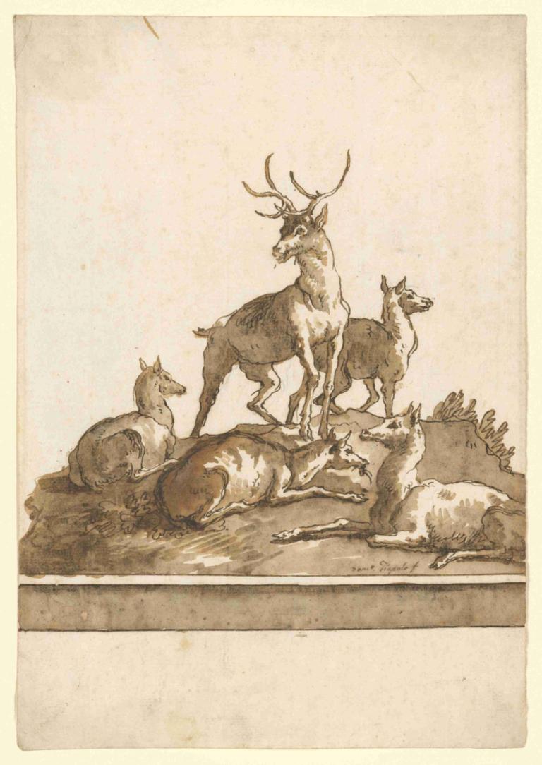 A Stag and Four Hinds on a Grassy Knoll (with Base),Een hert en vier hinden op een grasheuvel (met sokkel)