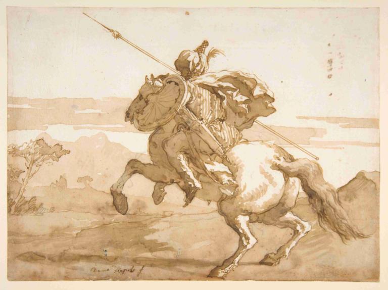 An Oriental Horseman,Orientální jezdec,Giovanni Domenico Tiepolo,Mědirytinový lept,Mědirytinový lept, zbraň