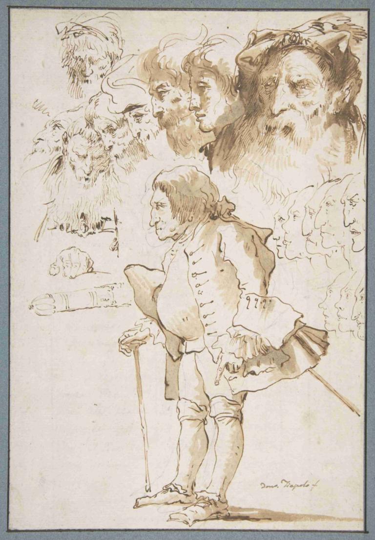 Caricature of a Gentleman and Other Studies,《紳士漫畫》及其他研究,Giovanni Domenico Tiepolo,喬瓦尼·多梅尼科·蒂埃波洛,銅版畫,銅版畫, 老的