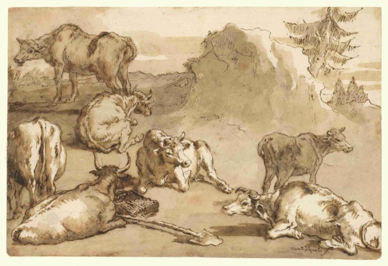 Cattle in a Landscape,風景中的牛,Giovanni Domenico Tiepolo,喬瓦尼·多梅尼科·蒂埃波洛,銅版畫,銅版畫, 山, 單色, 棕褐色, 狗, 沒有人類, 棕色主題, 戶外