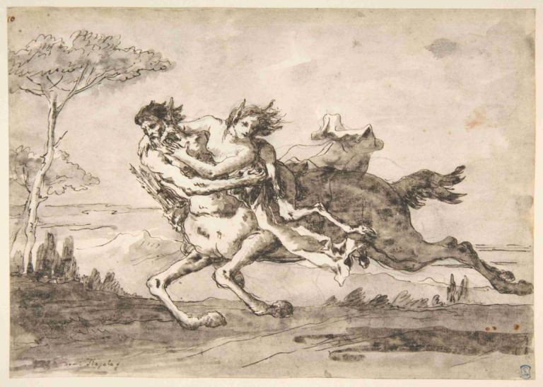 Centaur Abducting a Satyress,半人马诱拐女撒丁,Giovanni Domenico Tiepolo,乔瓦尼-多梅尼科-蒂埃波罗,铜版画,铜版画, 树, 牛牛, 单色, 骑术, 美术模仿