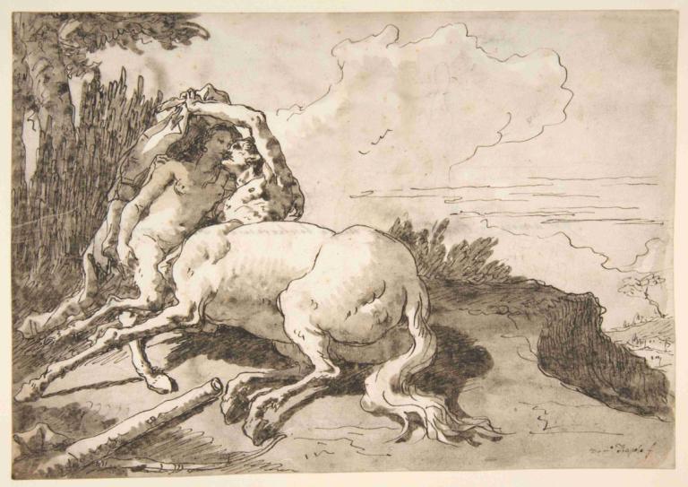 Centaur Embracing a Satyress,半人马拥抱女 Satyress,Giovanni Domenico Tiepolo,乔瓦尼-多梅尼科-蒂埃波罗,铜版画,铜版画, 单色, 树, 户外, 牛牛