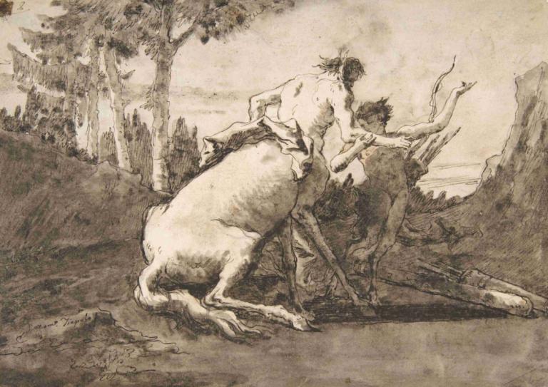 Centaur with a Young Satyr,半人马与年轻的萨提尔,Giovanni Domenico Tiepolo,乔瓦尼-多梅尼科-蒂埃波罗,铜版画,铜版画, 单色, 树, 牛牛, 传统媒体, 1男孩