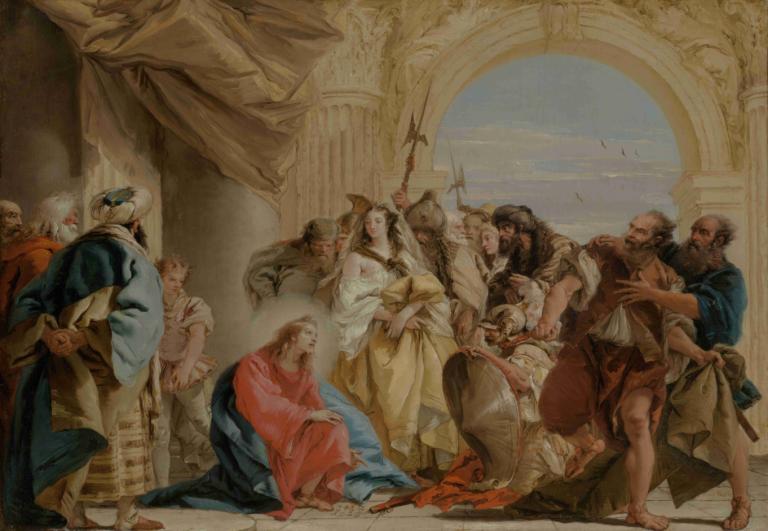 Christ and the Woman Taken in Adultery,基督与通奸妇女,Giovanni Domenico Tiepolo,乔瓦尼-多梅尼科-蒂埃波罗,油画,油画, 美术模仿, 多个男孩, 武器