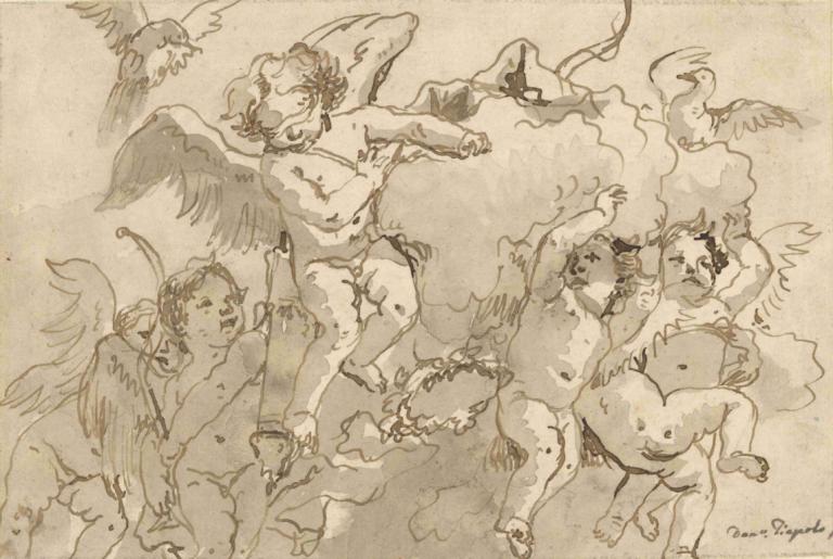 Cupid Blindfolded in the Clouds, with Five Attendant Putti,Amor med bind for øynene i skyene