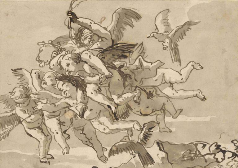 Cupid Blindfolded, Carried Through the Sky by Seven Winged Putti,Amor med bind for øynene