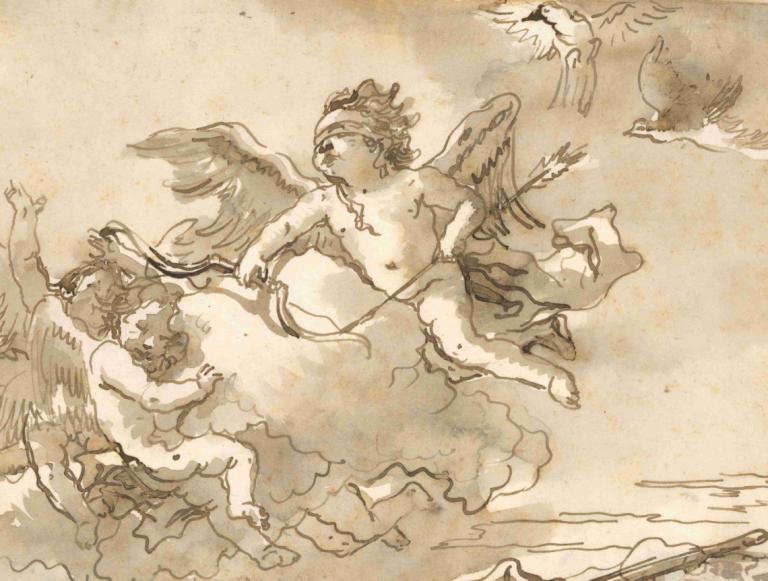 Cupid Blindfolded, on a Cloud Supported by Two Attendant Putti,눈을 가린 큐피드, 두 명의 수행원이 받쳐주는 구름 위의 퍼티