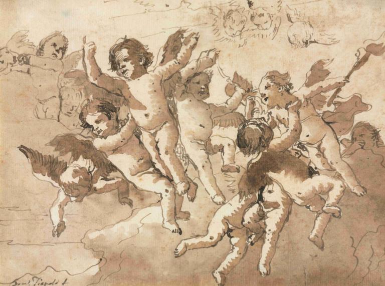 Cupid in the Clouds with Attendant Cherubs,Cupidon în nori cu heruvimi însoțitori,Giovanni Domenico Tiepolo