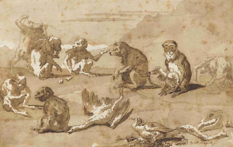 Eight Monkeys, a Dead Goose, and a Cormorant,Åtte aper, en død gås og en skarv,Giovanni Domenico Tiepolo