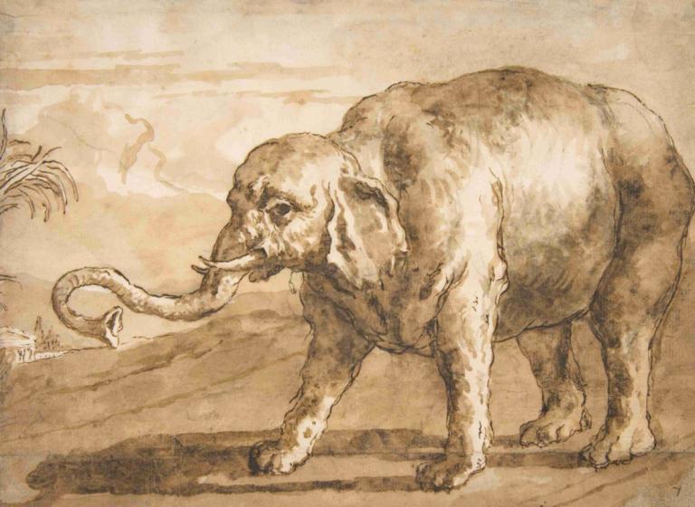 Elephant in a Landscape,Olifant in een landschap,Giovanni Domenico Tiepolo,Koperplaatetsing,Koperplaatetsing