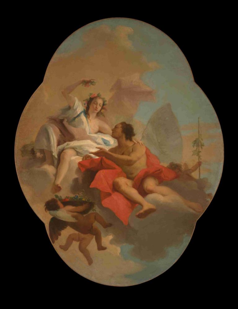 Flora And zephyr,Flora en zefier,Giovanni Domenico Tiepolo,Olieverf,Olieverf, parodie op beeldende kunst