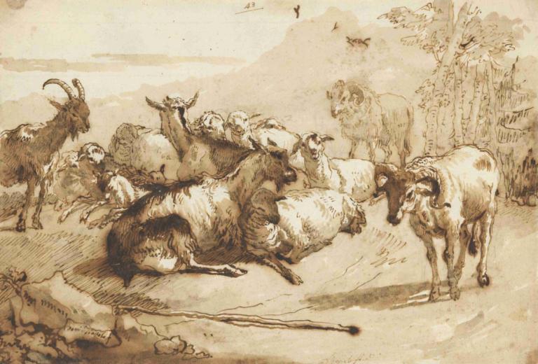 Goats and Sheep in a Landscape,Geiten en schapen in een landschap,Giovanni Domenico Tiepolo,Koperplaatetsing