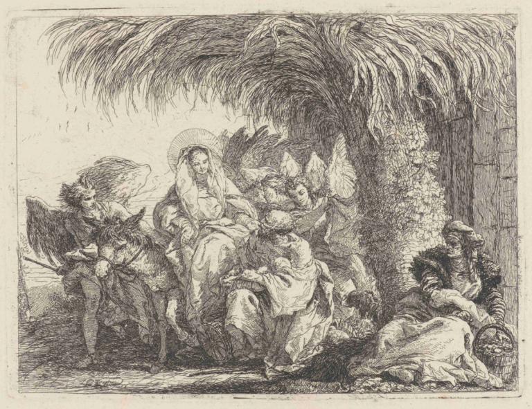 Joseph Kneels with the Child before Mary on the Donkey,约瑟带着孩子跪在骑驴的马利亚面前,Giovanni Domenico Tiepolo