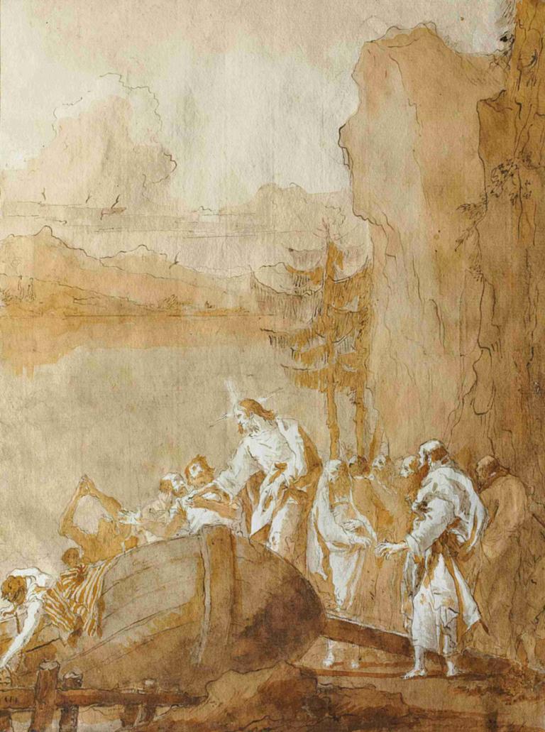 La vocation des fils de Zébédée,西庇太子孙的使命,Giovanni Domenico Tiepolo,乔瓦尼-多梅尼科-蒂埃波罗,铜版画,铜版画, 多个男孩, 船只, 6+男孩