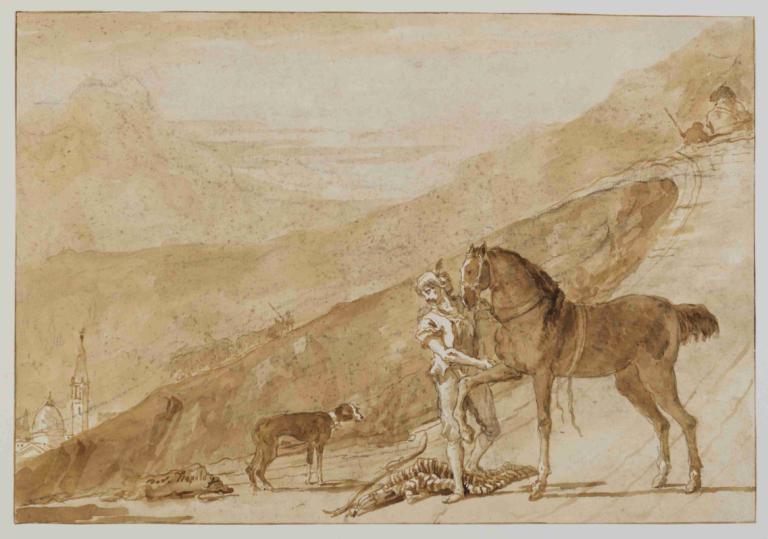 Landscape with a Horse Held by a Page,一页纸牵着一匹马的风景画,Giovanni Domenico Tiepolo,乔瓦尼-多梅尼科-蒂埃波罗,铜版画,铜版画, 单色, 马, 户外