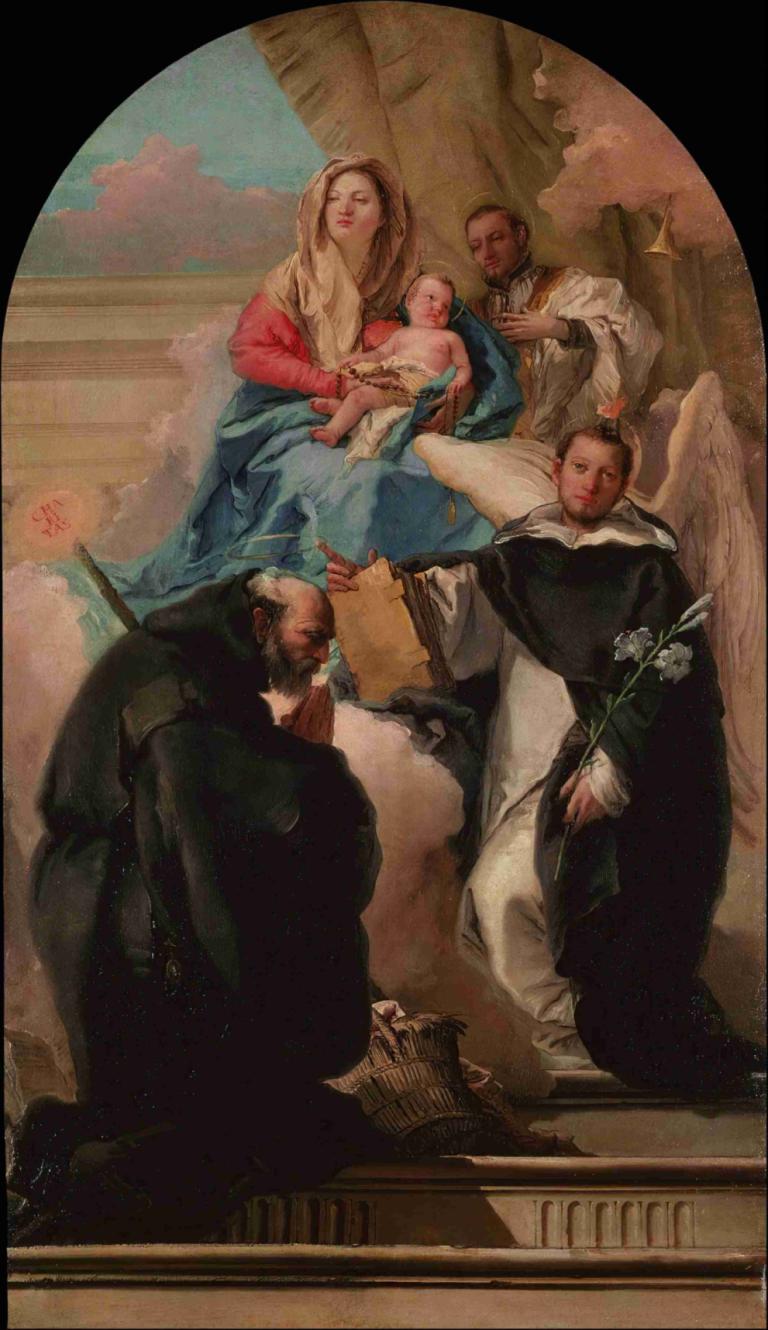 Madonna and Child with Three Saints,圣母子与三圣人,Giovanni Domenico Tiepolo,乔瓦尼-多梅尼科-蒂埃波罗,油画,油画, 美术模仿, 多个男孩, 长袍, 翅膀