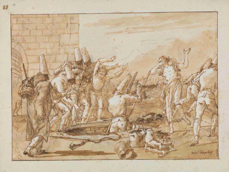 Punchinello Retrieving Dead Fowls from a Well,井戸から死んだ鳥を取り出すパンチネロ,Giovanni Domenico Tiepolo,ジョヴァンニ・ドメニコ・ティエポロ