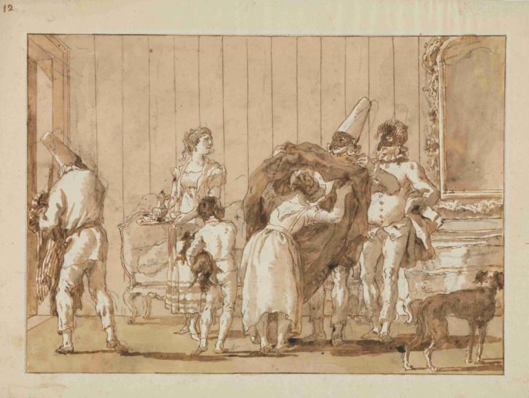 Punchinello as a Dressmaker,Punchinello kot šivilja,Giovanni Domenico Tiepolo,Bakrorez Jedkanica