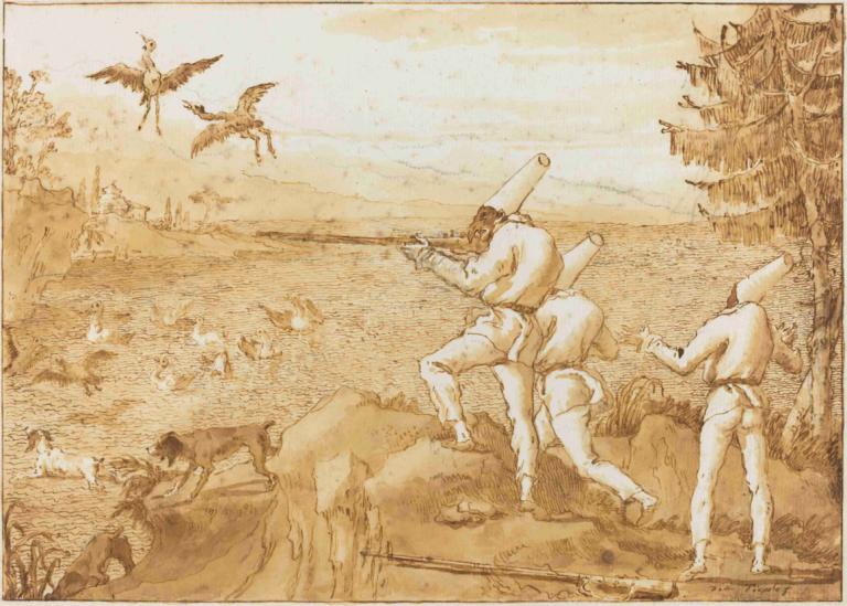 Punchinellos Hunting Waterfowl,Punchinellos Berburu Unggas Air,Giovanni Domenico Tiepolo