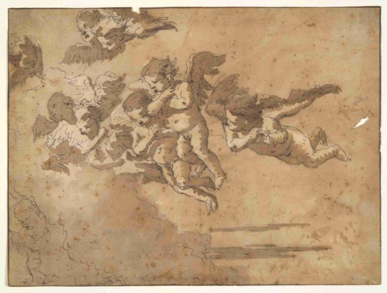 Putti Flying in Clouds,Giovanni Domenico Tiepolo,Copperplate Etching,Copperplate Etching, wings, brown theme