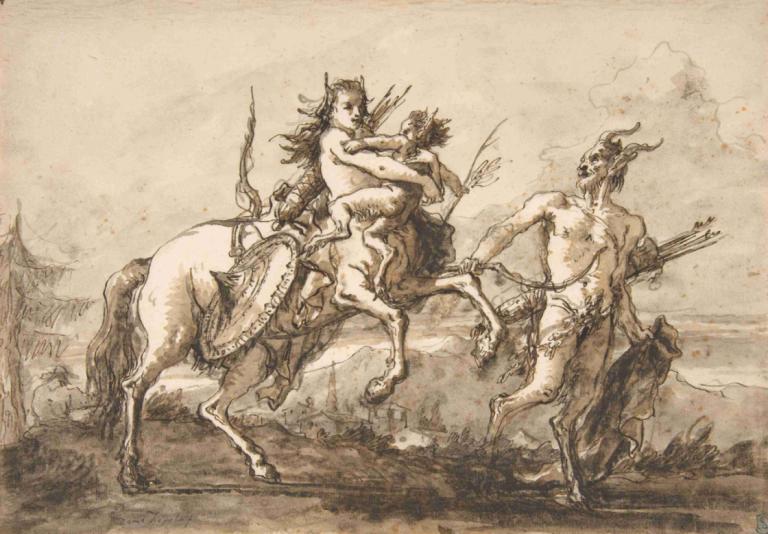 Satyr Leading a Centauress Who Holds a Satyr Child,サテュロスの子供を抱くケンタウロスを率いるサテュロス,Giovanni Domenico Tiepolo